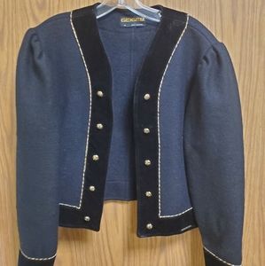 GEIGER PURE WOOL JACKET Black with gold buttons and trims Sz 38.